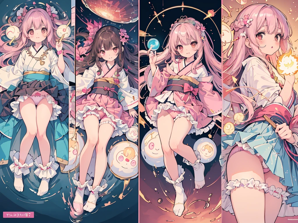 photo realistic, (masterpiece,best quality:1.4),(8k,raw photo,photo realistic:1.2),Not Safe for Work, detailed skin,detailed face,1girl,Japanese princess,cute face, super resolution,retro realistic details llustration,,{{{elaborate,intricately,fantastic,delicately,tremendous,meticulous,minute,incredibly,obsessed,artisan's,subtle,virtuoso,skillful,vibrant, vivid, complex}}}, clearly focus edge, fresh natural gradation, best quality, amazing quality, very aesthetic, absurdres, pubisure,
(RED frilled japanese clothes), ((RED frilled hakama short skirt)), frilled, (((Pink panties))), White frilled legwear, ankle boots, frilled choker, amulet, wrist cuffs, sash, frilled reg garter, cape, (((Holding a cute magic wand))), heart ring, ((long hair)), light brown hair, braid, brown eyes, straight hair, , 14 years olute, happy, diadems, (((jumping with both feet))), shimmering eyes, a smile, red blush, masterpiece, top-quality, not safe for work, Little Girl, child, babnkle in the eye, flat chest,
yumekawa,yumekawaii,pastel color,(wonderland:1.3), rainbow, imagination, (((flame whirlpool))), heart background, beam of light, glittering ball of light,((Design sheet:1.3), (multi-angle and detailed view:1.3),