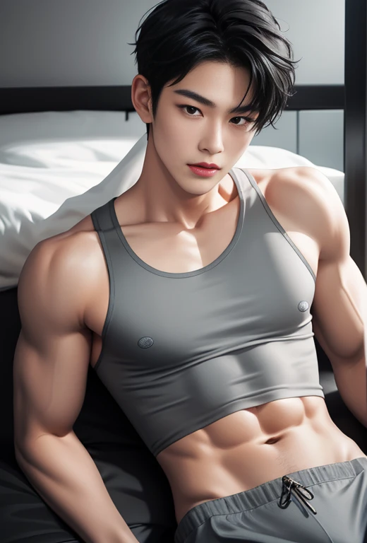 High quality, masterpiece, highly detailed, 8k, perfect face, perfect body, realistic, photogenic, man, Asian, young, black hair, short hair, handsome, detailed eyes, beautiful detailed nose, realistic body, realistic light, comfortable expressions, cute guy, sweat guy, cool guy, abs sixpack, model style, sexy clothes , full body, clean skin, tank top