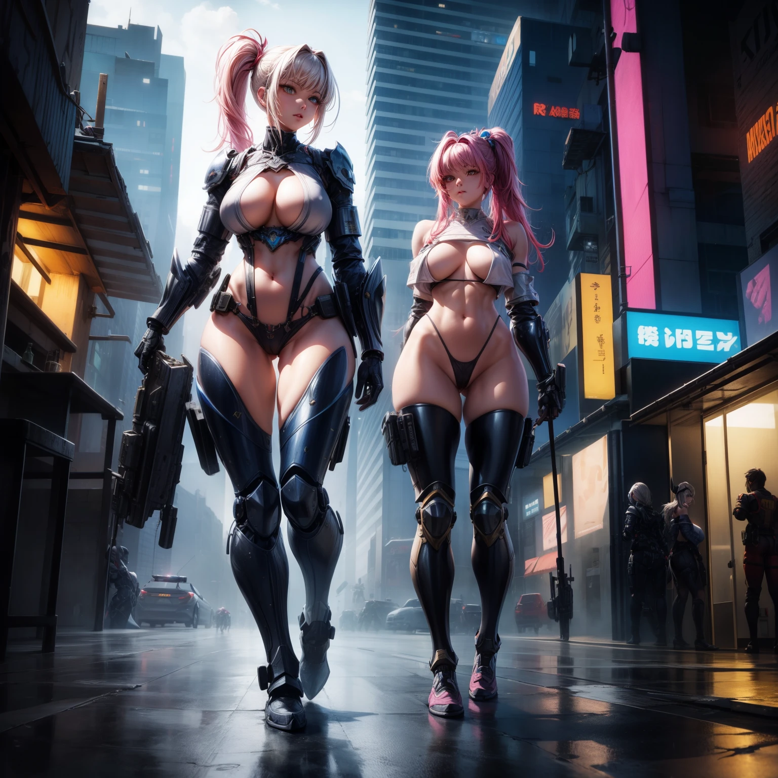 （8K ，Ultra-detailed，Super real photos，Best masterpiece，Nature，perfect work of art，perfect female body），A cyberpunk city，two women，Sister and sister， sisters，rainbow hair，perfect face，（huge tits），neighbor wife，woman hairstyle，elegant wife，At the police station，Exquisite and ，Wearing mechanical armor，Cool exposed mechanical armor，The chest armor is transparent，Able to see huge breasts，super short thong，Wearing a low-cut, off-the-shoulder mechanical armor，T-shaped small，huge  big，transparent pink，full body shot，elastic muscles，raised raised raised，Obscenity exposed
