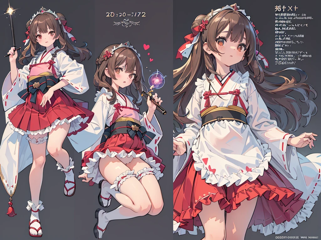 photo realistic, (masterpiece,best quality:1.4),(8k,raw photo,photo realistic:1.2),Not Safe for Work, detailed skin,detailed face,1girl,Japanese princess,cute face, super resolution,retro realistic details llustration,,{{{elaborate,intricately,fantastic,delicately,tremendous,meticulous,minute,incredibly,obsessed,artisan's,subtle,virtuoso,skillful,vibrant, vivid, complex}}}, clearly focus edge, fresh natural gradation, best quality, amazing quality, very aesthetic, absurdres, pubisure,
(RED frilled japanese clothes), ((RED frilled hakama short skirt)), frilled, (((No panties))), (((twat))), White frilled legwear, ankle boots, frilled choker, amulet, wrist cuffs, sash, frilled reg garter, cape, (((Holding a cute magic wand))), heart ring, ((long hair)), light brown hair, braid, brown eyes, straight hair, , 14 years olute, happy, diadems, (((jumping with both feet))), shimmering eyes, a smile, red blush, masterpiece, top-quality, not safe for work, Little Girl, child, babnkle in the eye, flat chest,
(Design sheet:1.3), (multi-angle and detailed view:1.3),