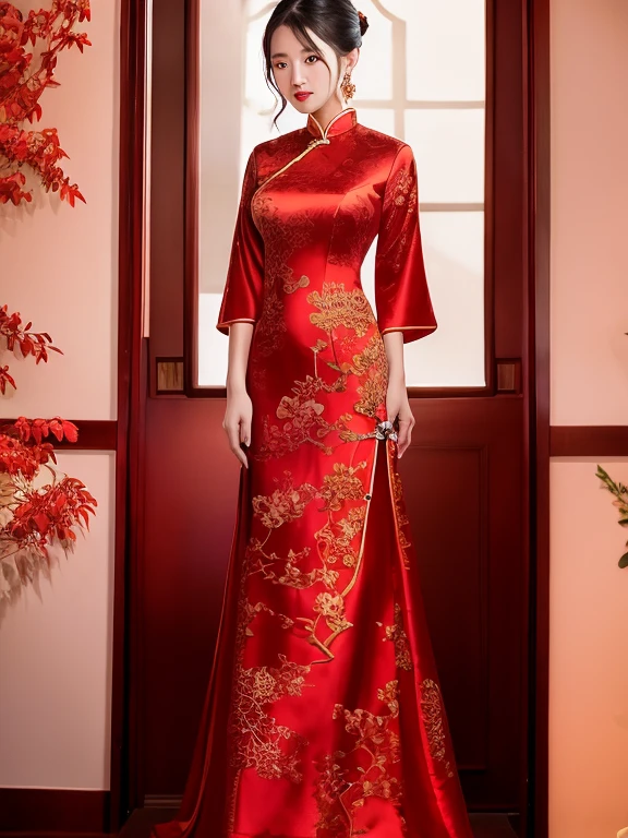 a woman in a red dress with a fan and fan, cheongsam, chinese dress, chinese style, wearing a red cheongsam, traditional chinese, traditional chinese clothing, wearing long gown, chinese costume, long gown, intricate gown, an intricate dress, wearing red formal attire, beautiful gown, intricate fantasy dress, gown, dressed beautiful gown