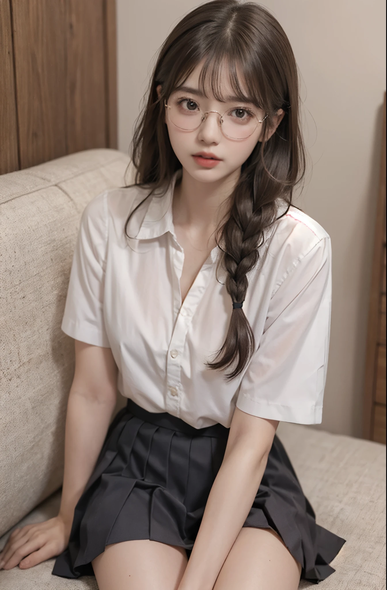 Top quality, one beautiful woman, 20 years old, 35mm lens, f/1, dark brown eyes, glasses, braids, black hair, pale skin, medium chest, slendar body , BREAK 1girl, bangs, blush, breasts, collarbone, collared shirt, couch, day, eyebrows visible through hair, hair between eyes, long hair, looking at viewer, open mouth, panties, pink hair, pink panties, pleated skirt, ribbon, school uniform, shirt, short sleeves, sidelocks, sitting, skirt, solo, thighs, twintails, underwear, white shirt ,