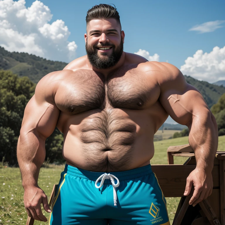 An oil painting of a full-length portrait of a charismatic Caucasian macho man,, pelo rapado, ciclista, pesado, de mediana edad, en el campo (calvo y fuerte), Muscular, (culturista peludo con una gran barriga), maillot, shorts extremadamente ajustados, huge groin area, La escena se desarrolla en un entorno realista, Capturing the man's happy expression, Los colores brillantes dominan la paleta, creando tonos luminosos e intrincados. Art Station style adds depth and detail to the scene., with intricately drawn lines and animated elements –t2. (Mejor calidad:1.0), (ultra high resolution:1.0), Hyper realistic