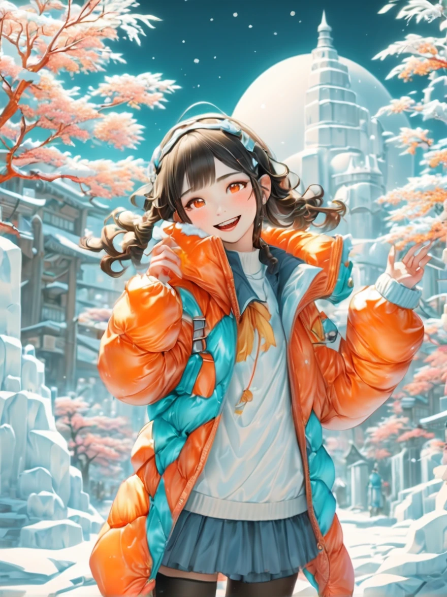 (杰作,最好的质量:1.5),超现实,32k,原始照片,(高细节皮肤:1.2), 8K超高清, 单反相机, 柔和的灯光, 高质量, 胶片颗粒,灯光优美 ,(panoramic:1.5), An imaginative and detailed illustration of a fantasy female friend, depicted as a cute and beautiful girl. Her face is lit up with a happy smile, and she is fashionably dressed in a bright orange puffer jacket. The setting is a magical ice sculpture world, with an icy, snowy landscape filled with snowflakes. The girl is a blend of wisdom, beauty, and diligence, representing a sweet and ideal character. The image is created with creative flair, showcasing the girl enjoying herself in this enchanting, frosty environment, embodying a sense of joy and wonder, (Ultra high saturation, bright and vivid colors: 1.5), (nsfw), (Facing the viewer: 1.5),调色板, 油畫刷, 油漆飞溅,, 日本动画片