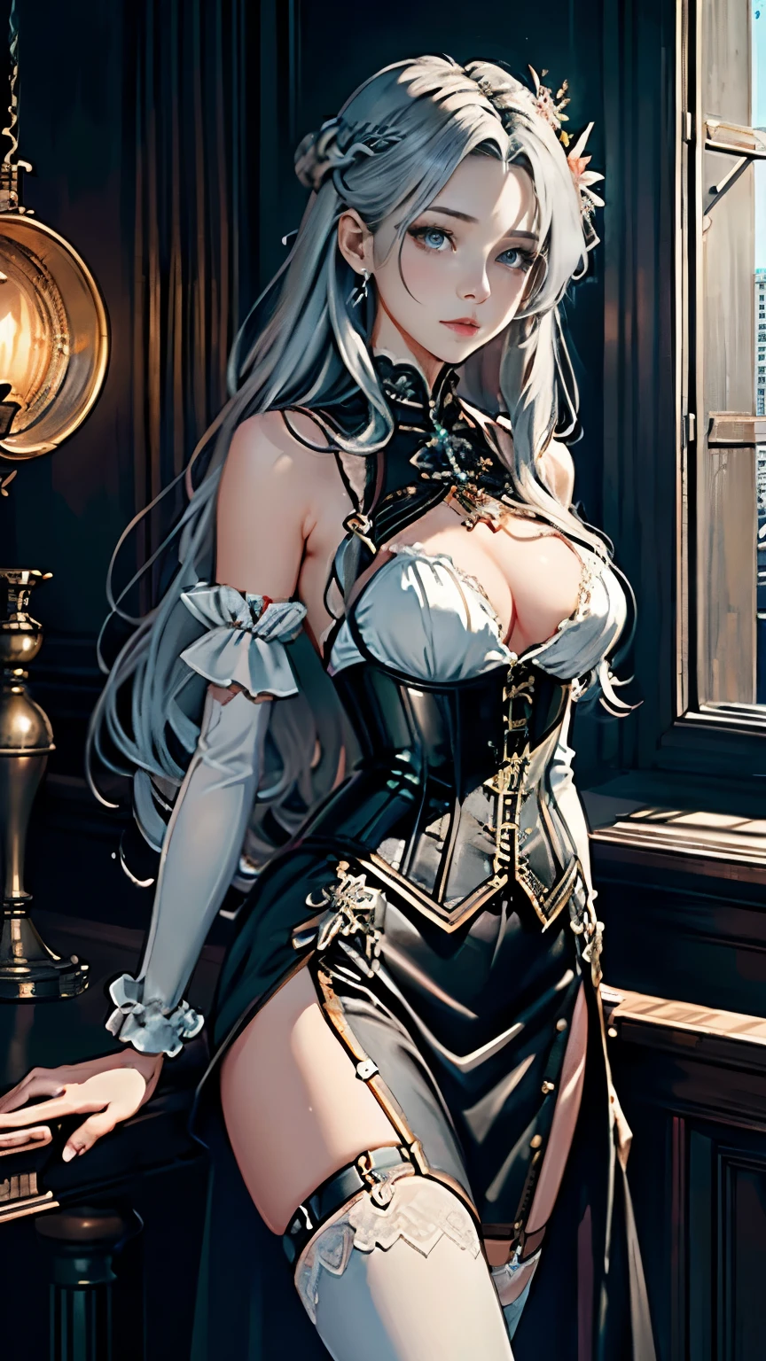 (((masterpiece)))、((highest quality))、(Super detailed)、(CG illustration)、(very beautiful girl))、cinematic light、((1 Mechanical Girl))、 SF、Apocalypse、Erotic grotesque、graduate school(beautiful and luxurious:1.2)、(1 girl:1.3)、facing the front,long silver hair,corset,High Waist Long Tight Skirt,