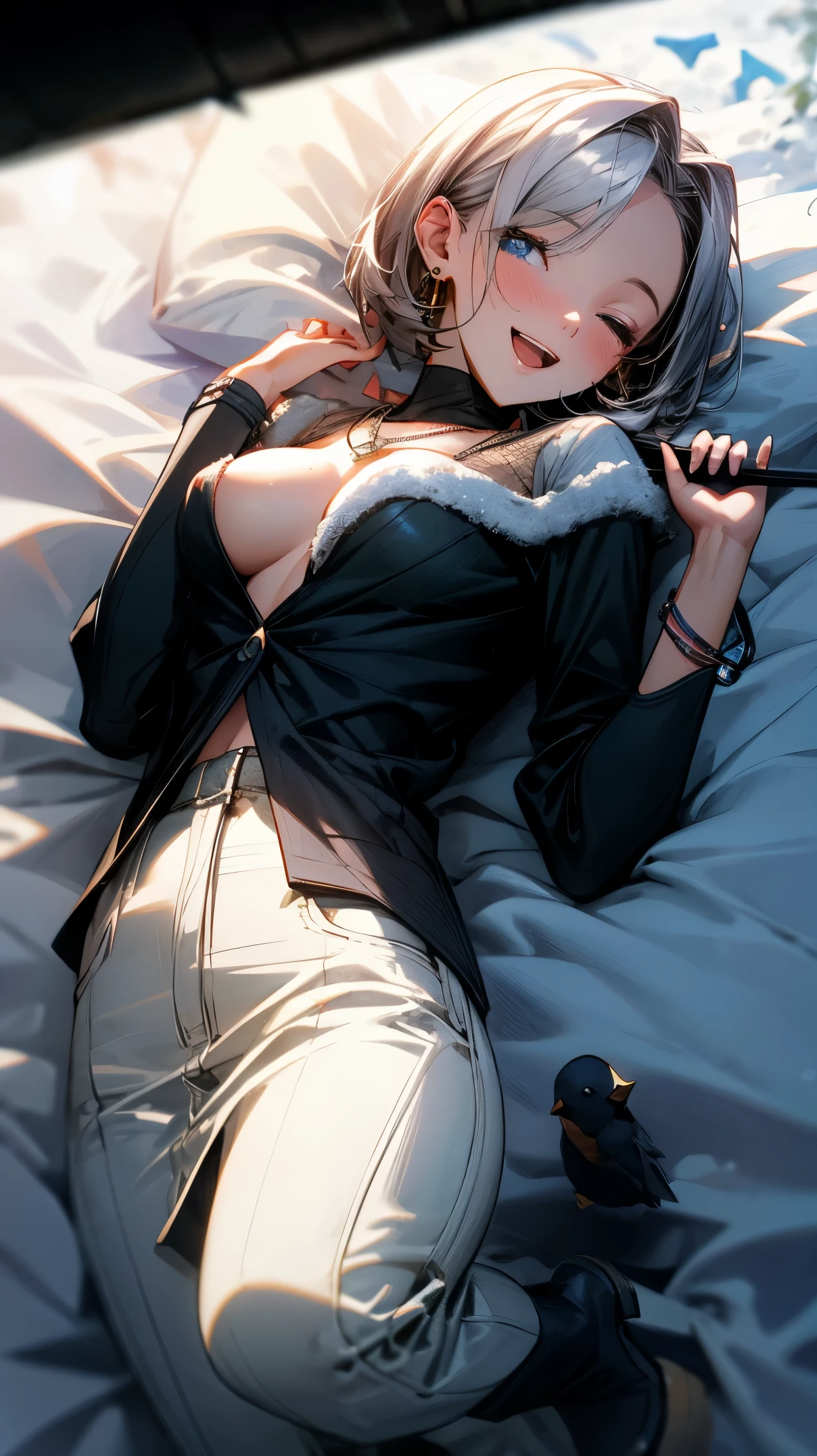 (masterpiece, best quality:1.2), (high resolution, 8K RAW photo, photo realistics, clear focus, thin outline:1.3), (natural lighting, textile shading), pov, ((solo:1.5)), (1 matured woman, 28 years old, raised sexy), ((milf:1.5)), ((nfsw:1.37, fuge breast:1.3, sagging breast, big tits, breast cleavage, harass sexually, in heat)), ((Bright beautiful eyes with highlight:1.3, fine detailed eyes, high detailed pupils)), beautiful girl wearing winter outfits:1.5, ((lying on your back:1.5, lying on the ground:1.2)), casual winter outfits, wearing yellow duffle coat:1.2, cable knit sweaters, skinny denim, knit scarfs around neck, tihg-high length long boots), head decorated with snow, in the snow, (looking at viewers, with seductitve smiling, half-closing eyes), ((little opening mouth:1.37)), light purple mesh in silver hair, medium short hair, hair over one eye, asymmetric hair, side rock, blue eyes, (Luxury detailed accessories, necklace, earrings, Bracelets), bokeh, dynamic angle, close-up face:1.5, full body:0.8, viewing from your foot, ((bird view:1.5)), (correct anatomy:1.6, ideal ratio of body proportions, correct hand:1.5, small hands), outdoors, in a snowy forest, snow covered ground, trees decorated with snow,
