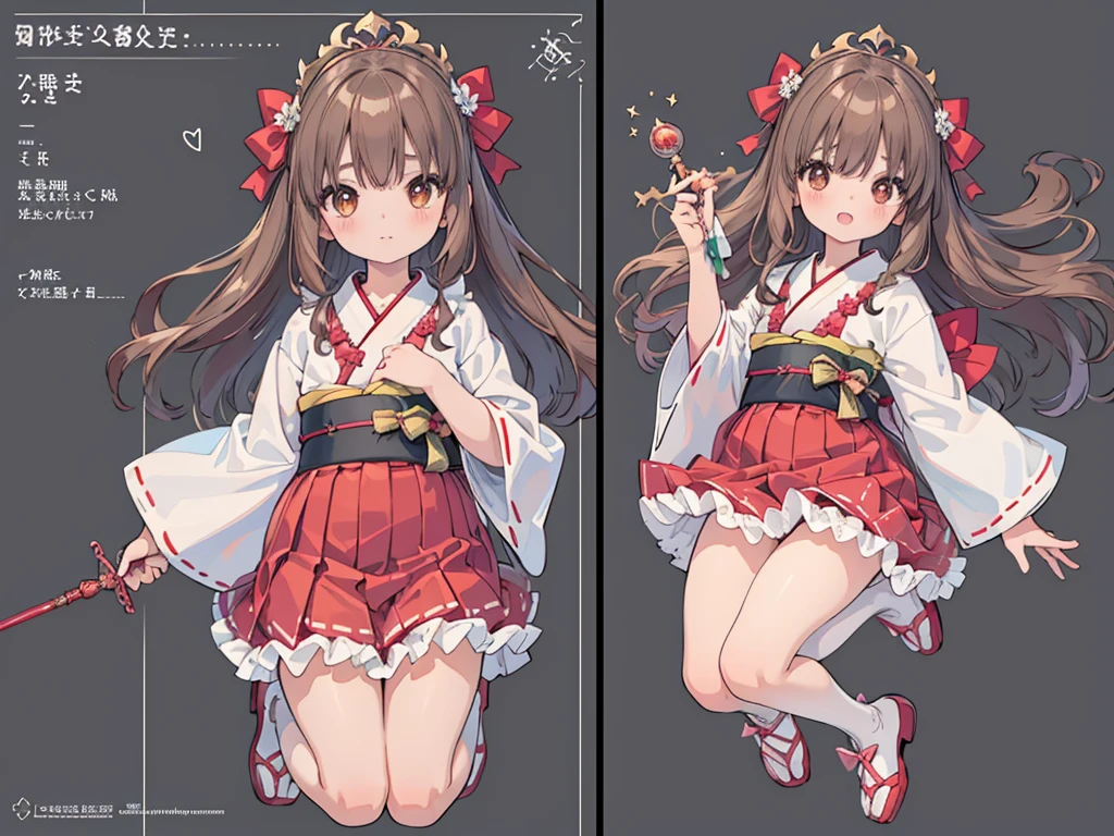 photo realistic, (masterpiece,best quality:1.4),(8k,raw photo,photo realistic:1.2),Not Safe for Work, detailed skin,detailed face,1girl,Japanese princess,cute face, super resolution,retro realistic details llustration,,{{{elaborate,intricately,fantastic,delicately,tremendous,meticulous,minute,incredibly,obsessed,artisan's,subtle,virtuoso,skillful,vibrant, vivid, complex}}}, clearly focus edge, fresh natural gradation, best quality, amazing quality, very aesthetic, absurdres, pubisure, (RED frilled japanese clothes), ((RED frilled hakama short skirt)), frilled, White frilled legwear, ankle boots, frilled choker, amulet, wrist cuffs, sash, frilled reg garter, cape, (((Holding a cute magic wand))), heart ring, ((long hair)), light brown hair, braid, brown eyes, straight hair, little girl, 14 years old, petite, cute, happy, diadems, (((jumping with both feet))), shimmering eyes, a smile, red blush, masterpiece, top-quality, not safe for work, Little Girl, child, baby face ,twinkle in the eye, flat chest, (Design sheet:1.3), (multi-angle and detailed view:1.3),