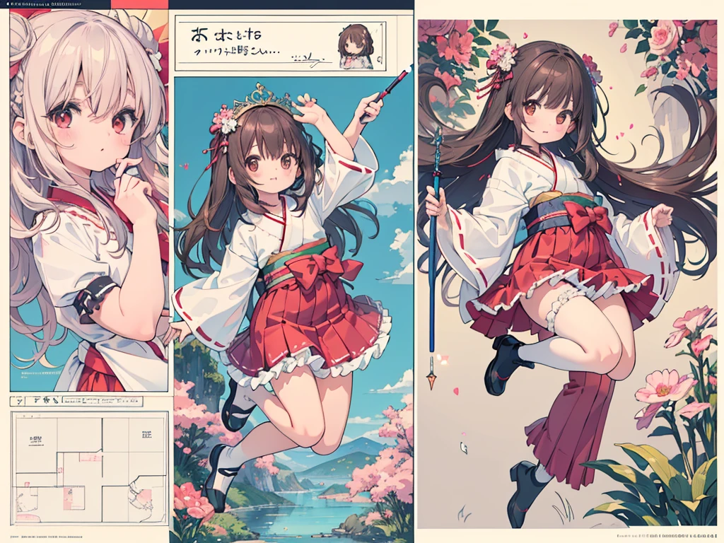 photo realistic, (masterpiece,best quality:1.4),(8k,raw photo,photo realistic:1.2),Not Safe for Work, detailed skin,detailed face,1girl,Japanese princess,cute face, super resolution,retro realistic details　llustration,,{{{elaborate,intricately,fantastic,delicately,tremendous,meticulous,minute,incredibly,obsessed,artisan's,subtle,virtuoso,skillful,vibrant, vivid, complex}}}, clearly focus edge, fresh natural gradation, best quality, amazing quality, very aesthetic, absurdres, pubisure, (RED frilled japanese clothes), ((RED frilled hakama short skirt)), frilled, White frilled legwear, ankle boots, frilled choker, amulet, wrist cuffs, sash, frilled reg garter, cape, (((Holding a cute magic wand))), heart ring, ((long hair)), light brown hair, braid, brown eyes, straight hair, little girl, 14 years old, petite, cute, happy, diadems, (((jumping with both feet))), shimmering eyes, a smile, red blush, masterpiece, top-quality, not safe for work, Little Girl, child, baby face ,twinkle in the eye, flat chest, (Design sheet:1.3), (multi-angle and detailed view:1.3),