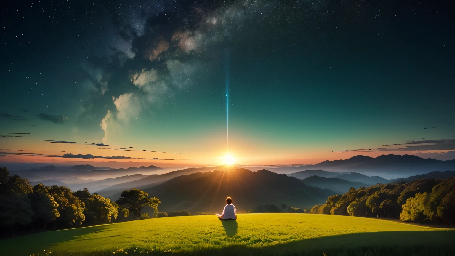 Imagens de natureza serena, como um nascer do sol, a starry sky or a green field, can evoke tranquility and spiritual connection