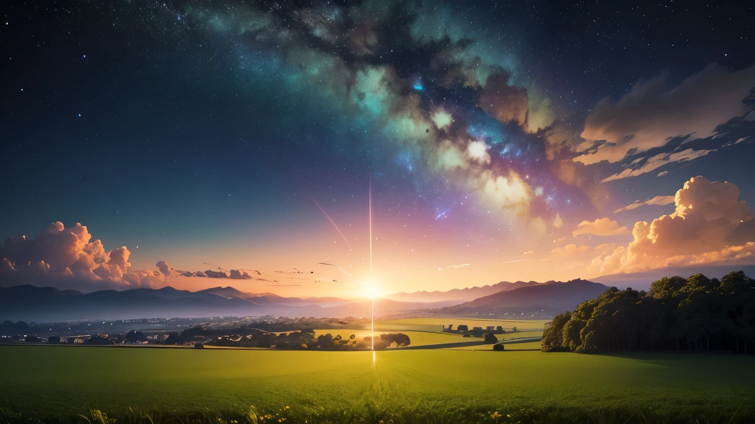Imagens de natureza serena, como um nascer do sol, a starry sky or a green field, can evoke tranquility and spiritual connection