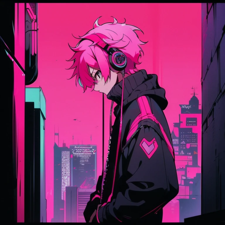(shortcut), (two block hair), (bright pink hair), (male character), (red eyes), (cool pose), (top quality), (masterpiece), (Super detailed), (oversized hoodie), (Street style), (neon), (modern city), (neonデイライト), (cinematic), (stylish), (High resolution), (hyper-detailed), (soft town), (Nightcore), (a handsome guy), (Man wearing headphones and listening to music), (natural appearance of the building), (casual), (IG studio anime style), (standing pose), (Shooting from a low angle), (looking at the camera), (Leaning against the wall)
