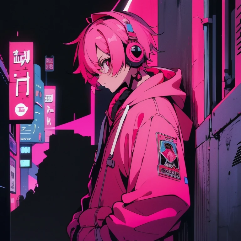 (shortcut), (two block hair), (bright pink hair), (male character), (red eyes), (cool pose), (top quality), (masterpiece), (Super detailed), (oversized hoodie), (Street style), (neon), (modern city), (neonデイライト), (cinematic), (stylish), (High resolution), (hyper-detailed), (soft town), (Nightcore), (a handsome guy), (Man wearing headphones and listening to music), (natural appearance of the building), (casual), (IG studio anime style), (standing pose), (Shooting from a low angle), (looking at the camera), (Leaning against the wall)
