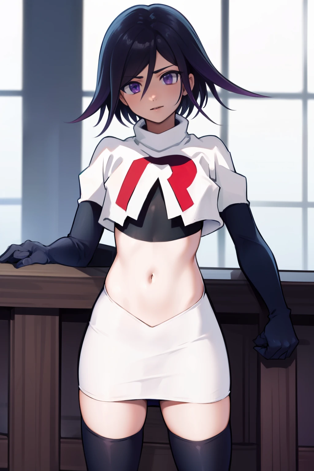 absurdres,(masterpiece, best quality:1.2), cowboy shot, solo, male focus, trap, 1boy, crossdressing,1boy, oma kokichi, team rocket,team rocket uniform,white skirt,red letter R,crop top,black thigh-highs,black elbow gloves,