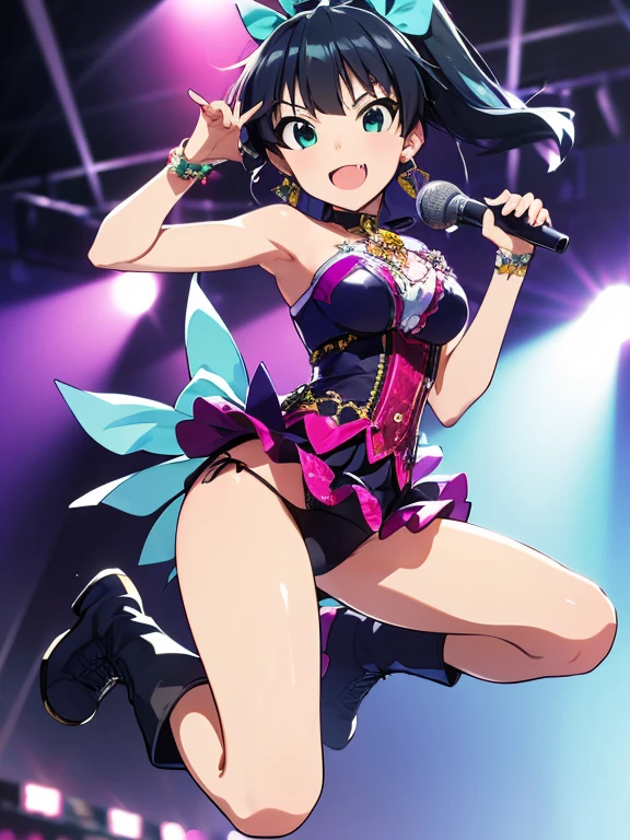 ((highest quality, 8K, Idol Master: 1.3, RAW photo)), sharp focus 1.1),Namco Pro,Hibiki Ganaha.beautiful face, ((fang))highly detailed face, ((turquoise eyes)),black hair ponytail,big ribbon,Large earrings((tanned skin))A big smile (Light blue idol costume 1.5), live concert,Lots of spotlights (show panties:1.1), from the front, idol boots,whole body