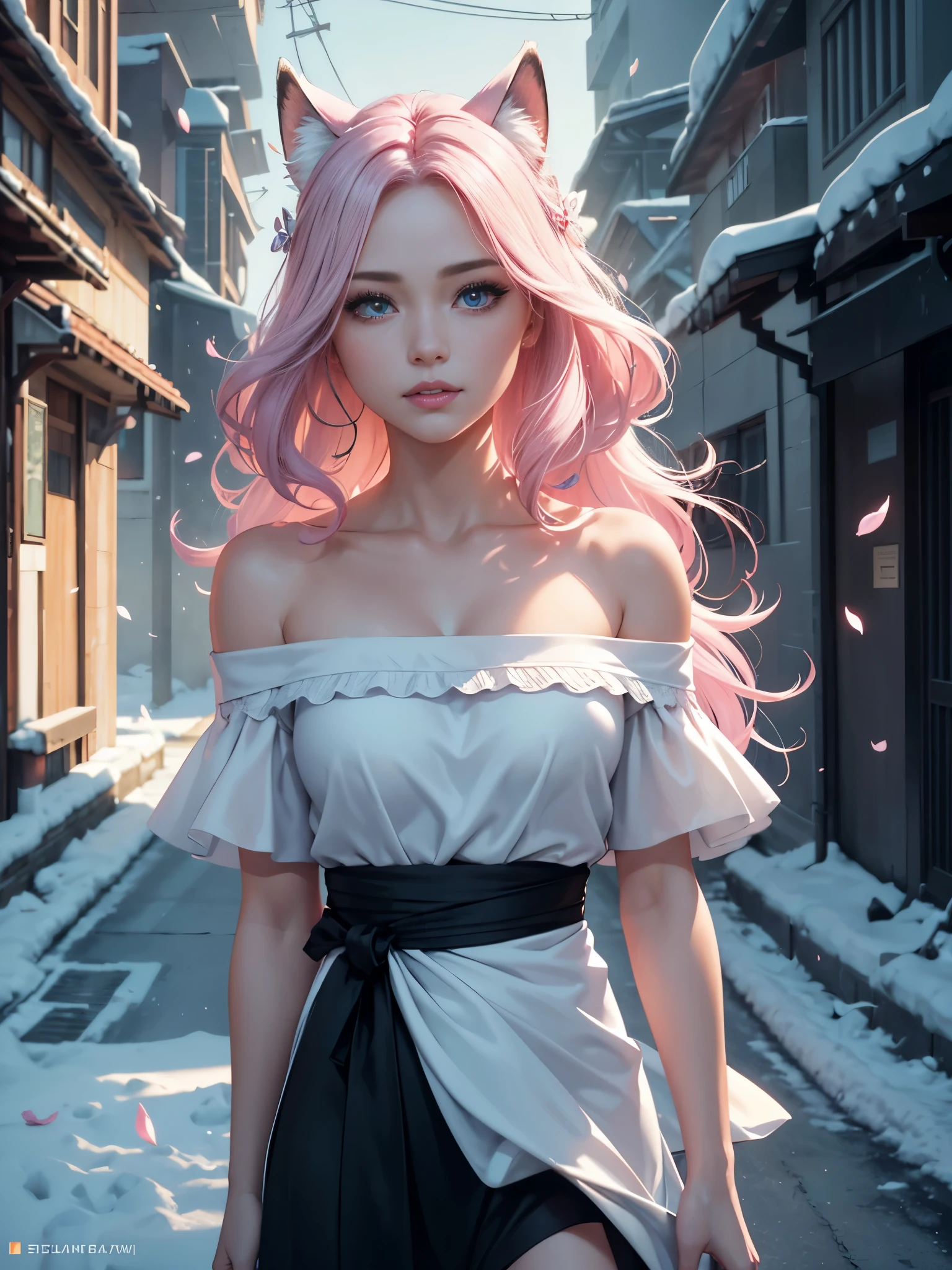 （（best quality））， （（master piece））， （detailed：1.4）， beautiful cyberpunk woman image，nffsw（high dynamic range），ray tracing，NVIDIA RTX，super resolution，fantasy 5，Scattered beneath the surface，PBR texture，post-processed，anisotropic filtering，Depth of bounds written，Maximum clarity and sharpness，multilayer texture，Albedo and specular maps，surface coloring，Accurate simulation of honey-material interactions，perfectly proportioned，Rendering with Octane，two color light，Large Diameter，Low ISO，White balance，rule 3 points、8K raw data、Beautiful bright blue pupils，off shoulder clothes，fine student，delicate face and eyes，long eyelashes，blush，delicate and fluffy hair，pink lip，Pure，cute face，sweet girl，artistic sense，casual wear，advanced sense，butterfly，cherry blossom petals，beautiful hair accessories，long hair and waist，hair blowing in the wind，Snow-white fox ears，curly，Snow-white fluffy tail，positive light，The light from the rear window is backlit.