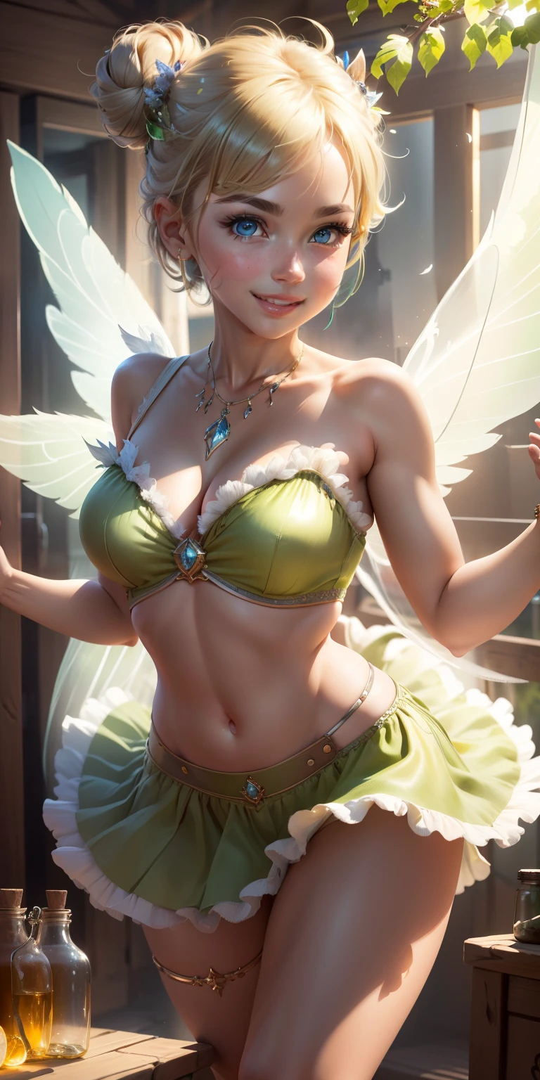 (Tinker Wife:1),Tinker Bell、mini skirt、clear feathers、Legs open to show white panties、 smile, cute, cute pose, looking at the viewer, thick thighs, white panties single hair bun, short hair, (Strapless Green Dress:1), (fairy wings), are flying, (chest focus:1.2), From above, 
(realistic:1.2), (realism), (masterpiece:1.2), (highest quality), (Super detailed), (8K, 4K, Complex),(full body shot:1),(cowboy shot:1.2), (85mm),particles of light, lit, (very detailed:1.2),(detailed face:1.2), (Gradation), software, colorful,(fine eyes:1.2),
(detailed landscape, in a glass bottle:1.2),(detailed background),detailed landscape, (dynamic angle:1.2), (dynamic pose:1.2), (third law_composition:1.3), (Action range:1.2), wide shot, dawn, alone,