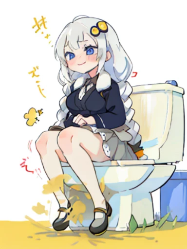 「Kyoto Animation」wind anime illustration、highest quality、（cute：1.1）、（cute：1.5）、（High resolution：1.2）、It&#39;s ridiculously ridiculous：1.3、Very fine illustrations、1 Beautiful Girl、Akari Konusei、1 girl、gray hair、Gray skirt、black high heels、long braids、big breasts、women stink、fart、shyness、blush、Satisfied smile、Gas comes out of the butt、put pressure on your face、lots of gas、Feeling like diarrhea、Sweat、Active、My body trembles、Hip Attack、dynamism、blue eyes、inside the toilet、sit on the white toilet seat、Confined spaces、woman has stomach pain、Do feces、Loud Sound、Naked underneath、