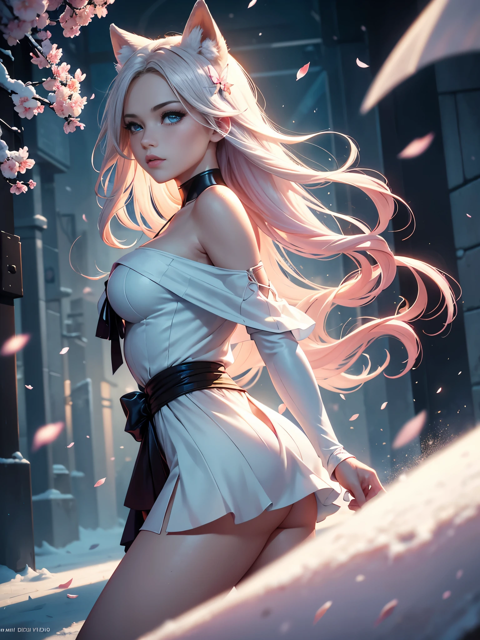 ((best quality)), ((master piece)), (detailed:1.4), beautiful cyberpunk woman image,nffsw(high dynamic range),ray tracing,NVIDIA RTX,super resolution,fantasy 5,Scattered beneath the surface,PBR texture,post-processed,anisotropic filtering,Depth of bounds written,Maximum clarity and sharpness,multilayer texture,Albedo and specular maps,surface coloring,Accurate simulation of honey-material interactions,perfectly proportioned,Rendering with Octane,two color light,Large Diameter,Low ISO,White balance,rule 3 points、8K raw data、Beautiful bright blue pupils,off shoulder clothes,fine student,delicate face and eyes,long eyelashes,blush,delicate and fluffy hair,pink lip,Pure,cute face,sweet girl,artistic sense,casual wear,advanced sense,butterfly,cherry blossom petals,beautiful hair accessories,long hair and waist,hair blowing in the wind,Snow-white fox ears,curly,Snow-white fluffy tail,positive light,The light from the rear window is backlit.