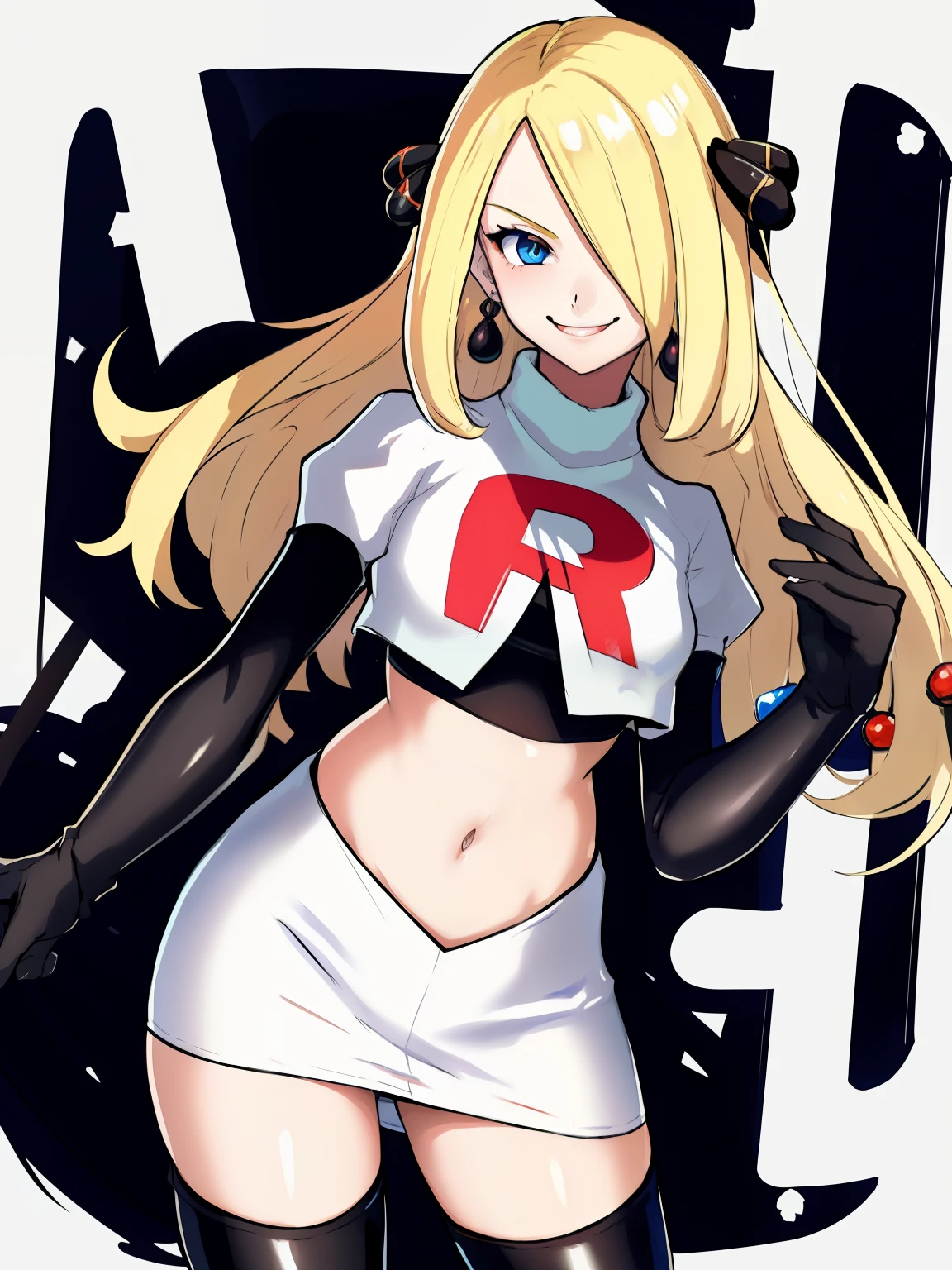 cynthia (pokemon), 1girl, solo ,blonde hair, blue eyes ,hair covering one eye, hair ornament ,glossy lips, earings ,team rocket uniform, red letter R, white skirt,white crop top,black thigh-high boots, black elbow gloves, closed mouth, evil smile, 