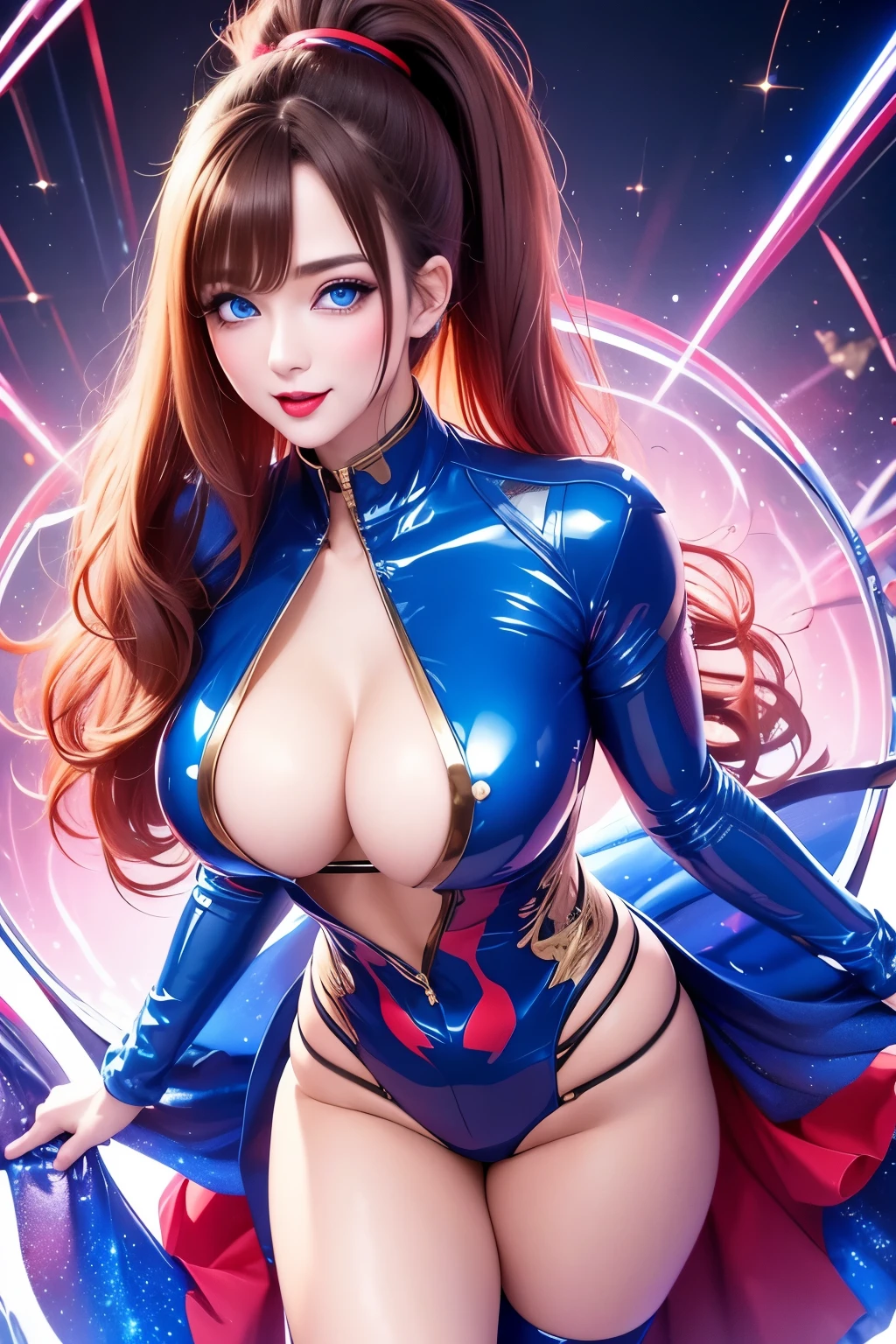best quality, 32k, RAW photo, incredibly absurdres, extremely detailed, beautiful woman, mechanical blue eyes, glossy ponytail, amorous expression, lewd expression, wearing iridescent red rubber suit with golden embroidery, black leather long coat, cyberpunk, armed, huge breasts, slender, perfect proportion, beautiful glossy brown hair, background ruined dim buildings, scattered dust, rainbow colors neon line light, delicate, flashy and dynamic depiction, professional flare lighting