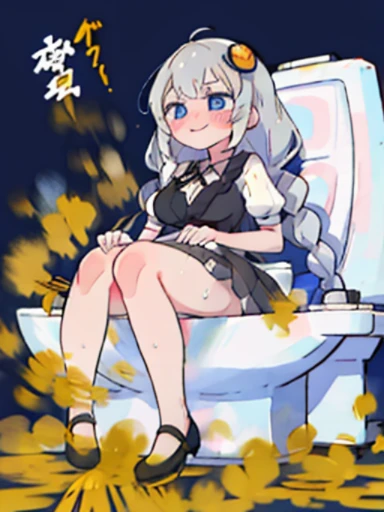 「Kyoto Animation」wind anime illustration、highest quality、(cute:1.1)、(cute:1.5)、(High resolution:1.2)、It's ridiculously ridiculous:1.3、Very fine illustrations、1 Beautiful Girl、Akari Konusei、1 girl、gray hair、Gray skirt、black high heels、long braids、big breasts、women stink、fart、shyness、blush、Satisfied smile、Gas comes out of the butt、put pressure on your face、lots of gas、Feeling like diarrhea、Sweat、Active、My body trembles、Hip Attack、dynamism、blue eyes、inside the toilet、sit on the white toilet seat、Confined spaces、woman has stomach pain、Do feces、Loud Sound、Naked underneath、