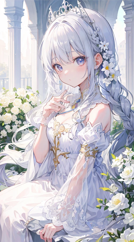 masterpiece, highest quality, (perfect face:1.1), (high detail:1.1), (very detailed目), dramatic, Ultra-fine illustration, very detailed, 1 girl, (White shiny skin), long white hair, braid from the bottom、flower shaped earrings、Warm eyes、welcome、gentle gaze, blush,smile, Happy, plump lips,cinematic lighting, looking for audience,gentle gaze、From the side、Wearing a beautiful dress、Princess、gem、Bring your arms forward、look into the fresh air、Outside the castle