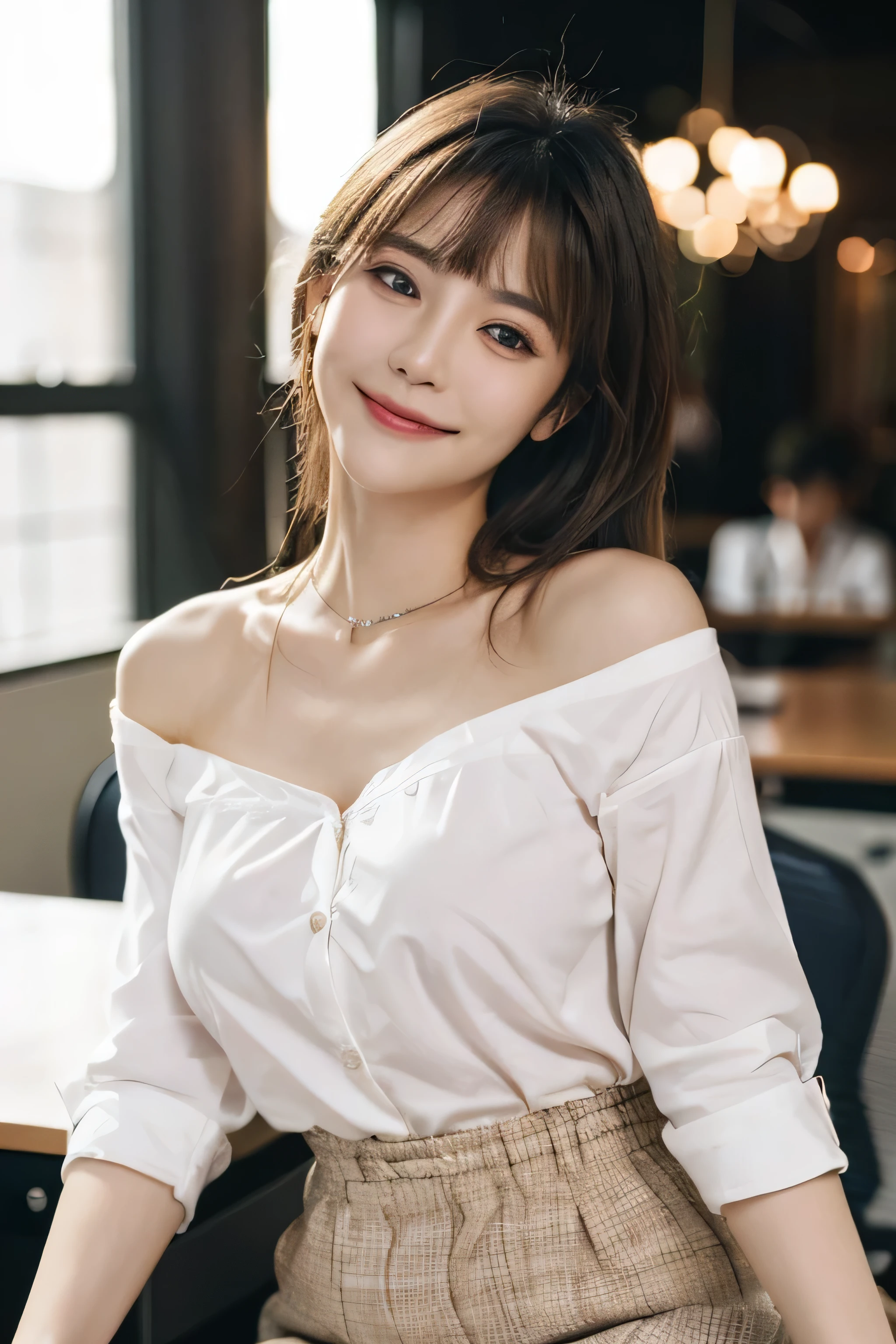 (Masterpiece:1.3), high resolution, very detailed, วอลล์เปเปอร์ CG unity 8k ที่very detailed, realistic, photo-realistic, raw photos, Beautifully detailed face, Pale skin, realistic glistening skin, Fine fabric, Fine hair texture, perfect body, Beautiful face, precise, Anatomically correct, Highly detailed facial and skin textures, natural neck length, (beautiful hands), (white skin:1.2), Slender legs, Thin feet, Take a break, Detailed eyes, symmetrical eyes, light brown eyes, Double eyelids, Thin eyebrows, (glossy lips:1.4), ((smile softly:1.2)), (Blush:1.1), Take a break, (Beautiful, classy and cute girl:1.3), (Wear an elegant white shirt..:1.2), (The skirt length is not the same..:1.2), Close button, Medium large breasts, (Slender figure:1.1), abdominal muscles, Beautiful collarbone, (dark blonde hair, Wavy hair, long hair:1.2), ((asymmetrical bangs:1.2)), Take a break, ((Leaning on the table with a whisper:1.3)), ((In a stylish office at night:1.4)), (cowboy shoot:1.2), Look at the viewer., from the front:0.65,