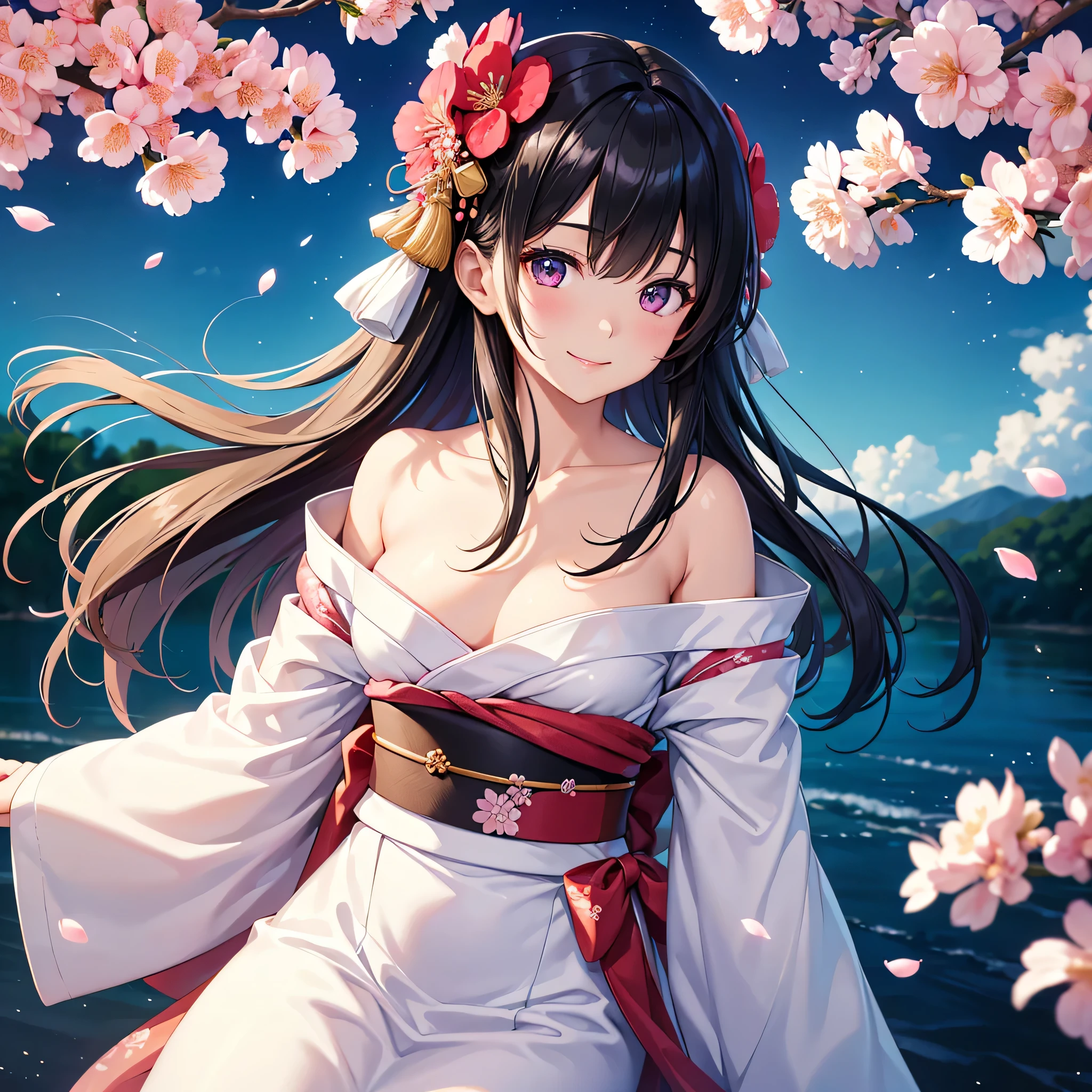 Anime girl in white dress with flowers in hair and a red sash - SeaArt AI