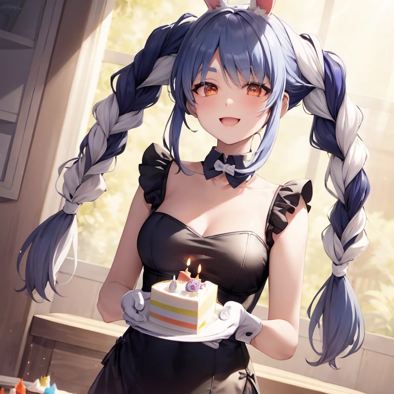Bunny girl, blue hair, twin braids, girl, alone, {{masterpiece}}, highest quality, Highly detailed CG Unity 8K wallpaper, cinematic lighting, Lens flare, beautiful detailed eyes, side line, colorful light, particle, (colorful:1.5), (colorful hair:1.5),(smile),(cake),(birthday)