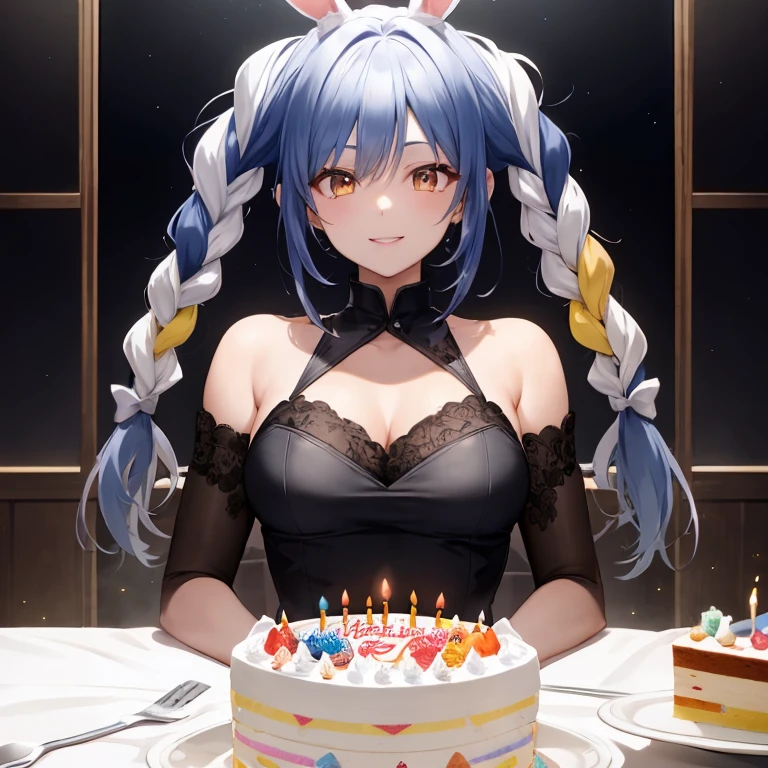 Bunny girl, blue hair, twin braids, girl, alone, {{masterpiece}}, highest quality, Highly detailed CG Unity 8K wallpaper, cinematic lighting, Lens flare, beautiful detailed eyes, side line, colorful light, particle, (colorful:1.5), (colorful hair:1.5),(smile),(cake),(birthday)