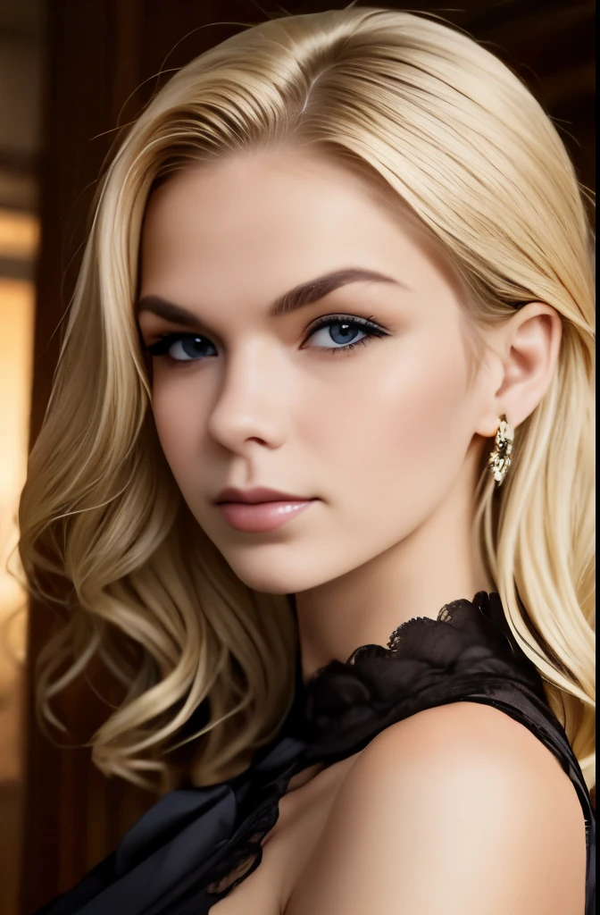 portrait of european girl,solo,20yo,beautiful face,uppser body,hair over one eye,medium sidecut, blonde hair, sharp focus,black business suit