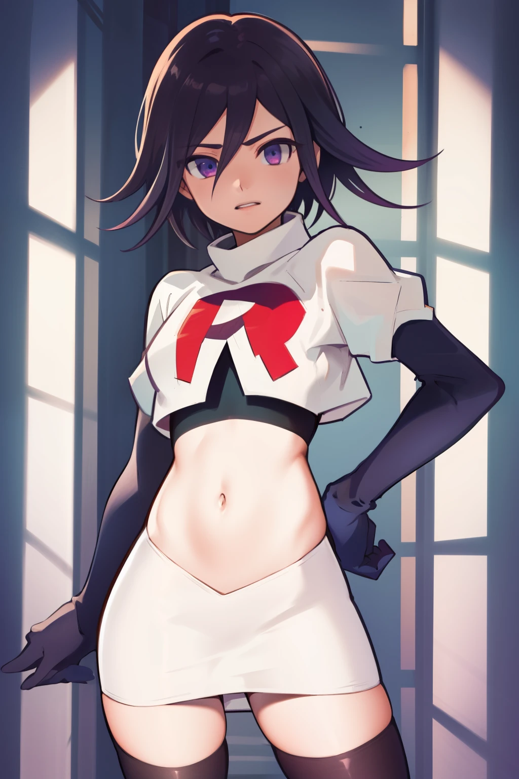absurdres,(masterpiece, best quality:1.2), cowboy shot, solo, male focus, trap, 1boy, crossdressing,1boy, oma kokichi, team rocket,team rocket uniform,white skirt,red letter R,crop top,black thigh-highs,black elbow gloves,