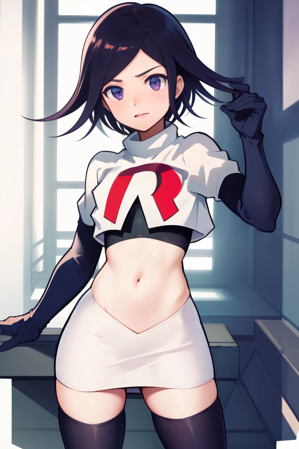 absurdres,(masterpiece, best quality:1.2), cowboy shot, solo, male focus, trap, 1boy, crossdressing,1boy, oma kokichi, team rocket,team rocket uniform,white skirt,red letter R,crop top,black thigh-highs,black elbow gloves,