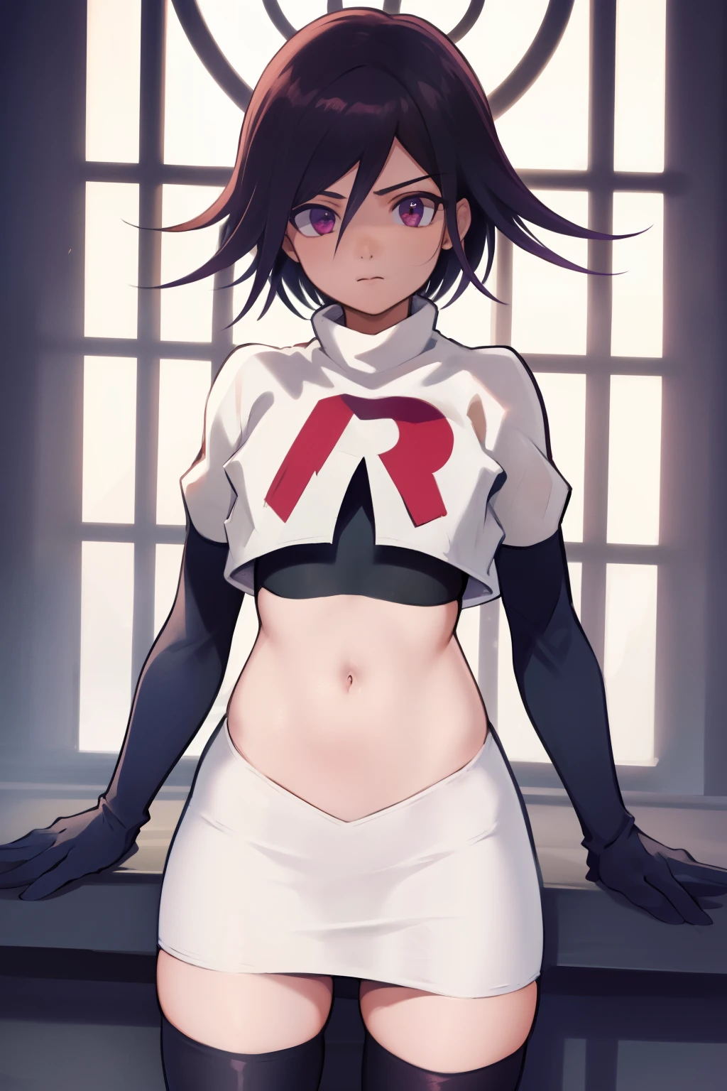 absurdres,(masterpiece, best quality:1.2), cowboy shot, solo, male focus, trap, 1boy, crossdressing,1boy, oma kokichi, team rocket,team rocket uniform,white skirt,red letter R,crop top,black thigh-highs,black elbow gloves,