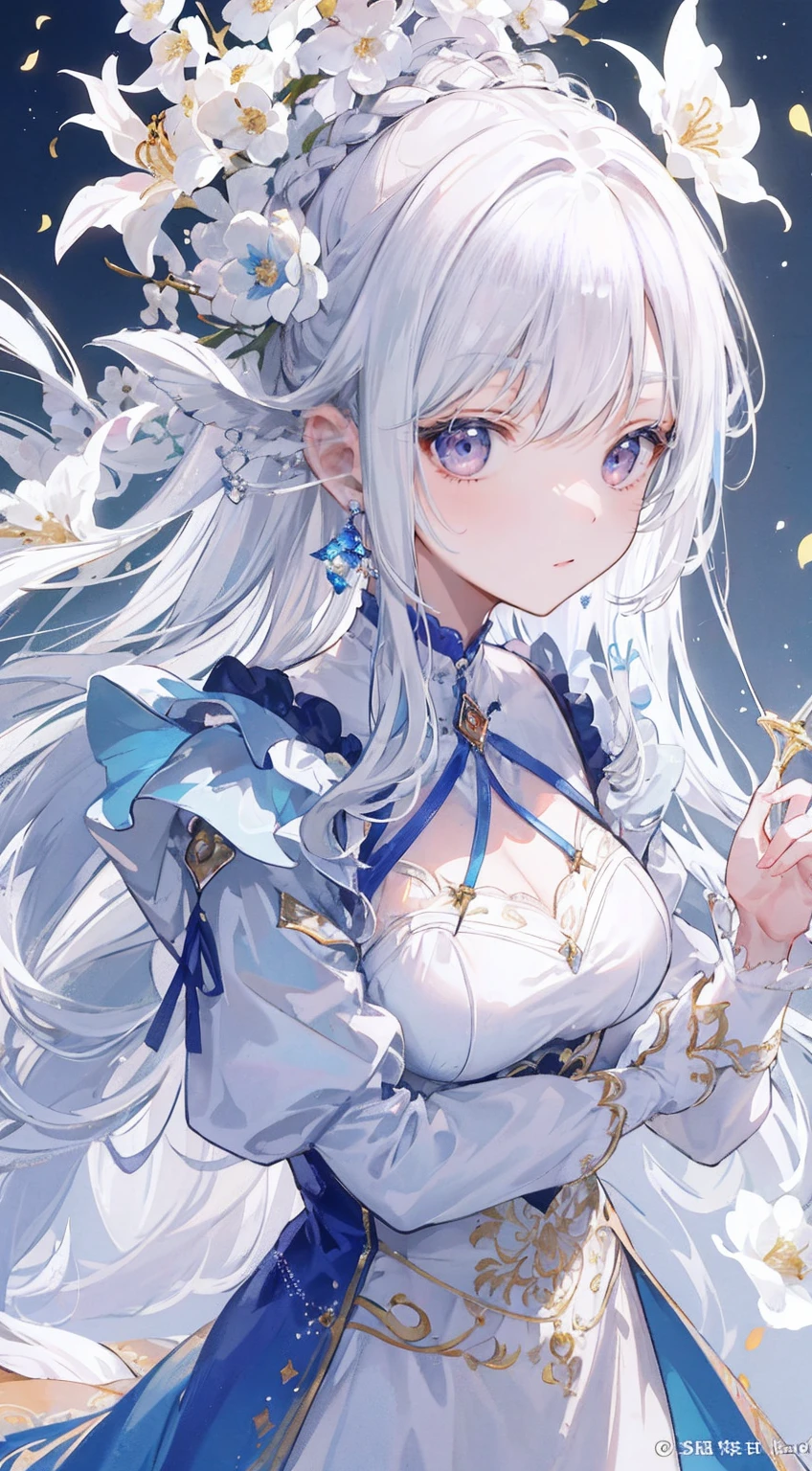 masterpiece, highest quality, (perfect face:1.1), (high detail:1.1), (very detailed目), dramatic, Ultra-fine illustration, very detailed, 1 girl, (White shiny skin), long white hair, braid from the bottom、flower shaped earrings、Warm eyes、welcome、gentle gaze, blush,smile, Happy, plump lips,cinematic lighting, looking for audience,gentle gaze、From the side、Wearing a beautiful dress、Princess、gem、Bring your arms forward、look into the fresh air、Outside the castle