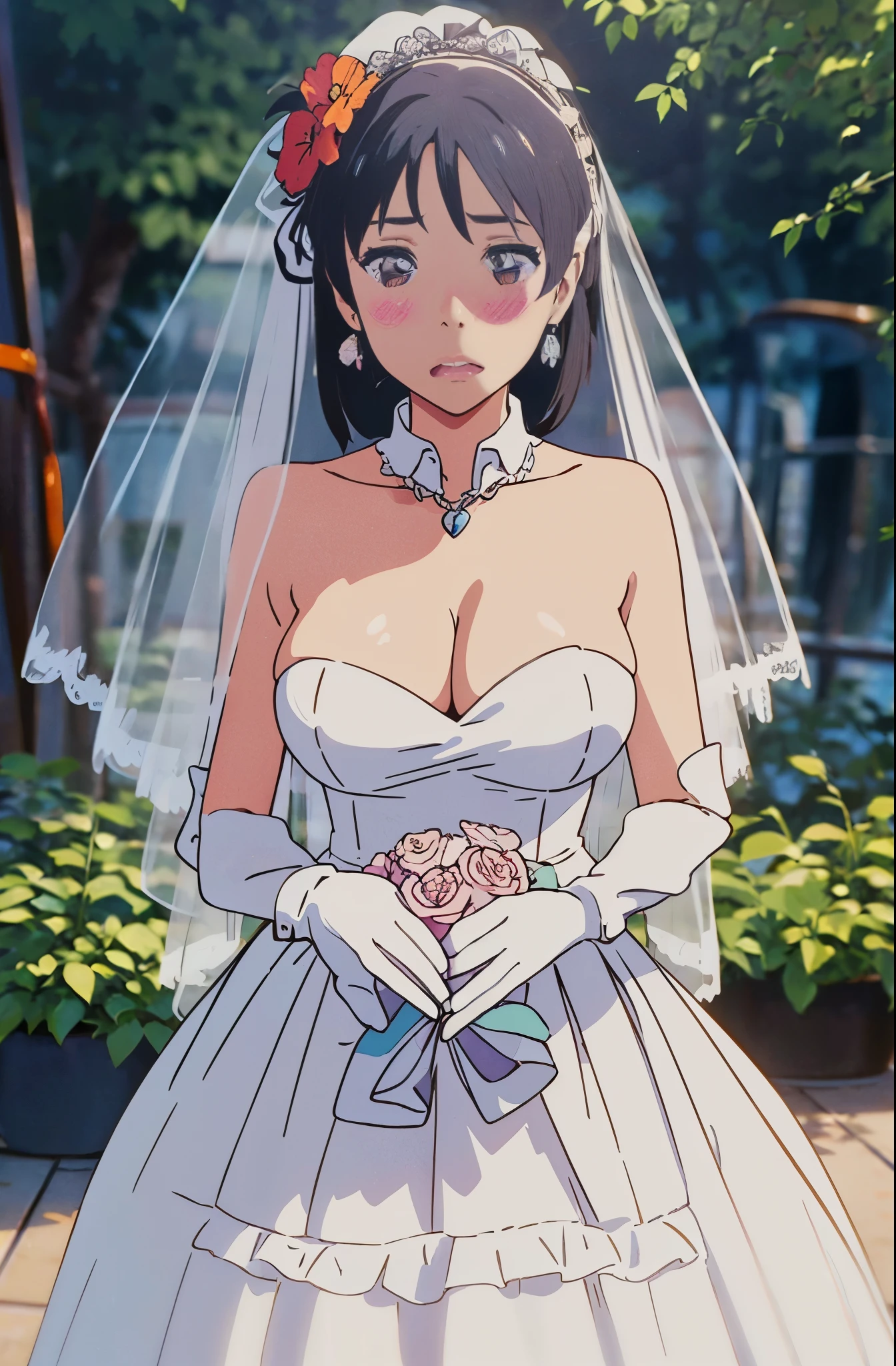 miyamizu_mitsuha, ponytail，Gurwitz，pillory，Head flail，hand flail，flail，(bridal veil:1.5），（short sheer veil：1.5），Blushing face，Head flower，headgear，（tube top wedding dress：1.5），（Silk dress：1.2）,（Strapless wedding dress：1.5）,Bouquet,pure white dress，necklace，earrings，(large breasts:1.3)，Deep V peach heart collar wedding dress，Bangs，lipstick，（lace gloves：1.3）,Bust photo,High detail RAW color art,Tyndall phenomenon