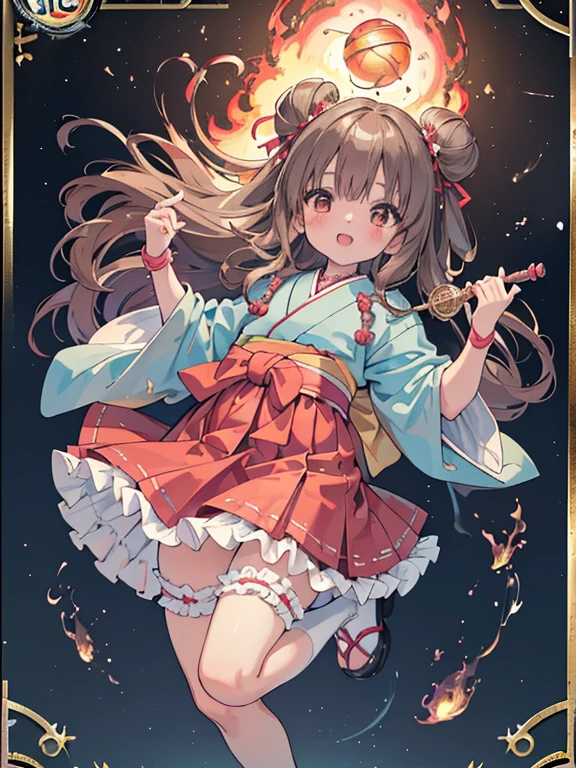 photo realistic, (masterpiece,best quality:1.4),(8k,raw photo,photo realistic:1.2),Not Safe for Work, detailed skin,detailed face,1girl,Japanese princess,cute face, super resolution,retro realistic details llustration,,{{{elaborate,intricately,fantastic,delicately,tremendous,meticulous,minute,incredibly,obsessed,artisan's,subtle,virtuoso,skillful,vibrant, vivid, complex}}}, clearly focus edge, fresh natural gradation, best quality, amazing quality, very aesthetic, absurdres, pubisure, (RED frilled japanese clothes), ((RED frilled hakama short skirt)), frilled, White frilled legwear, ankle boots, frilled choker, amulet, wrist cuffs, sash, frilled reg garter, cape, double bun, (((Holding a cute magic wand))), heart ring, ((long hair)), light brown hair, braid, brown eyes, straight hair, little girl, 14 years old, petite, cute, happy, diadems, (((jumping with both feet))), shimmering eyes, a smile, red blush, masterpiece, top-quality, not safe for work, Little Girl, child, baby face ,twinkle in the eye, flat chest, yumekawa,yumekawaii,pastel color,(wonderland:1.3), rainbow, imagination, (((flame whirlpool))), heart background, beam of light, glittering ball of light,(((trading card))),