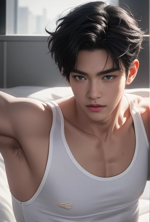High quality, masterpiece, highly detailed, 8k, perfect face, perfect body, realistic, photogenic, man, Asian, young, black hair, short hair, handsome, detailed eyes, beautiful detailed nose, realistic body, realistic light, comfortable expressions, cute guy, sweat guy, cool guy, abs sixpack, model style, sexy clothes , full body, clean skin, tank top, fire element