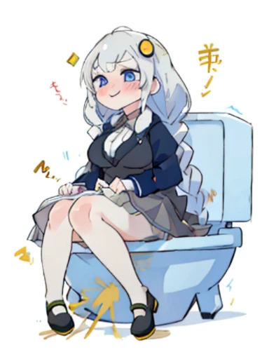 「Kyoto Animation」wind anime illustration、highest quality、(cute:1.1)、(cute:1.5)、(High resolution:1.2)、It's ridiculously ridiculous:1.3、Very fine illustrations、1 Beautiful Girl、Akari Konusei、1 girl、gray hair、Gray skirt、black high heels、long braids、big breasts、women stink、fart、shyness、blush、Satisfied smile、Gas comes out of the butt、put pressure on your face、lots of gas、Feeling like diarrhea、Sweat、Active、My body trembles、Hip Attack、dynamism、blue eyes、inside the toilet、sit on the white toilet seat、Confined spaces、woman has stomach pain、Do feces、loud and dirty sound、Naked underneath、