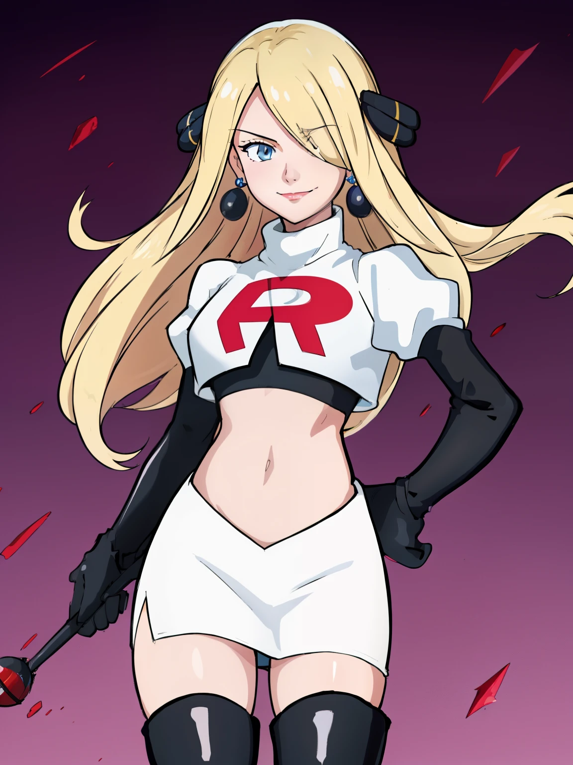 cynthia (pokemon), 1girl, solo ,blonde hair, blue eyes ,hair covering one eye, hair ornament ,glossy lips, earings ,team rocket uniform, red letter R, white skirt,white crop top,black thigh-high boots, black elbow gloves, closed mouth, evil smile, 