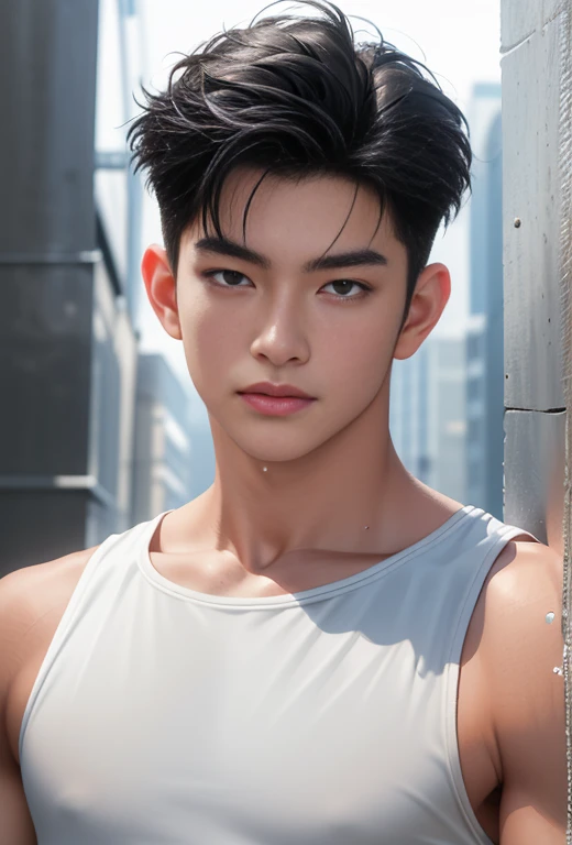 High quality, masterpiece, highly detailed, 8k, perfect face, perfect body, realistic, photogenic, man, Asian, young, black hair, short hair, handsome, detailed eyes, beautiful detailed nose, realistic body, realistic light, comfortable expressions, cute guy, sweat guy, cool guy, abs sixpack, model style, full body, clean skin, tank top