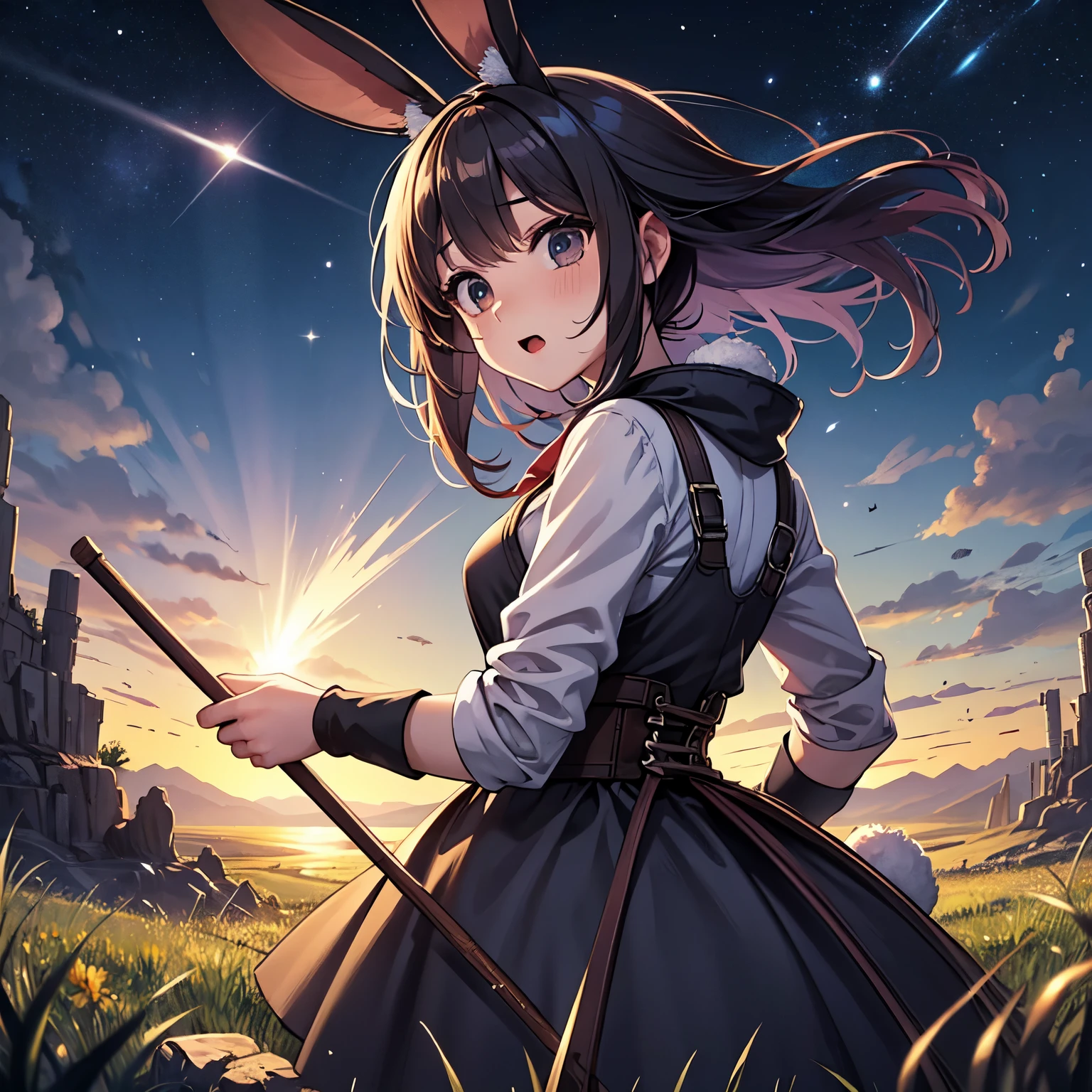 (((Pixel perfect, Perfect details))), alone, woman with rabbit ears，Outdoor style，sight。grassland、starry sky，Wild survival style，black ant crisis