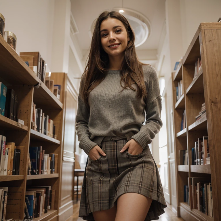 Photographic realism, HD low angle, imagen de cerca de un sensato, 22 year old british bookstore, trenza de pelo largo y oscuro, Sentado en una vieja biblioteca, piernas cruzadas, wearing a thick traditional English sweater, wearing a long tartan skirt, Parado frente a un antiguo edificio en llamas., GRAN SONRISA, Ojos azules profundos, ojos de alto detalle, figura completa, small breasts, Biblioteca en segundo plano, Mucha gente al fondo, dynamic lighting, cinematic shadows, Arte plano, HD, absurd information, mostrando la ropa interior, fotos sexys