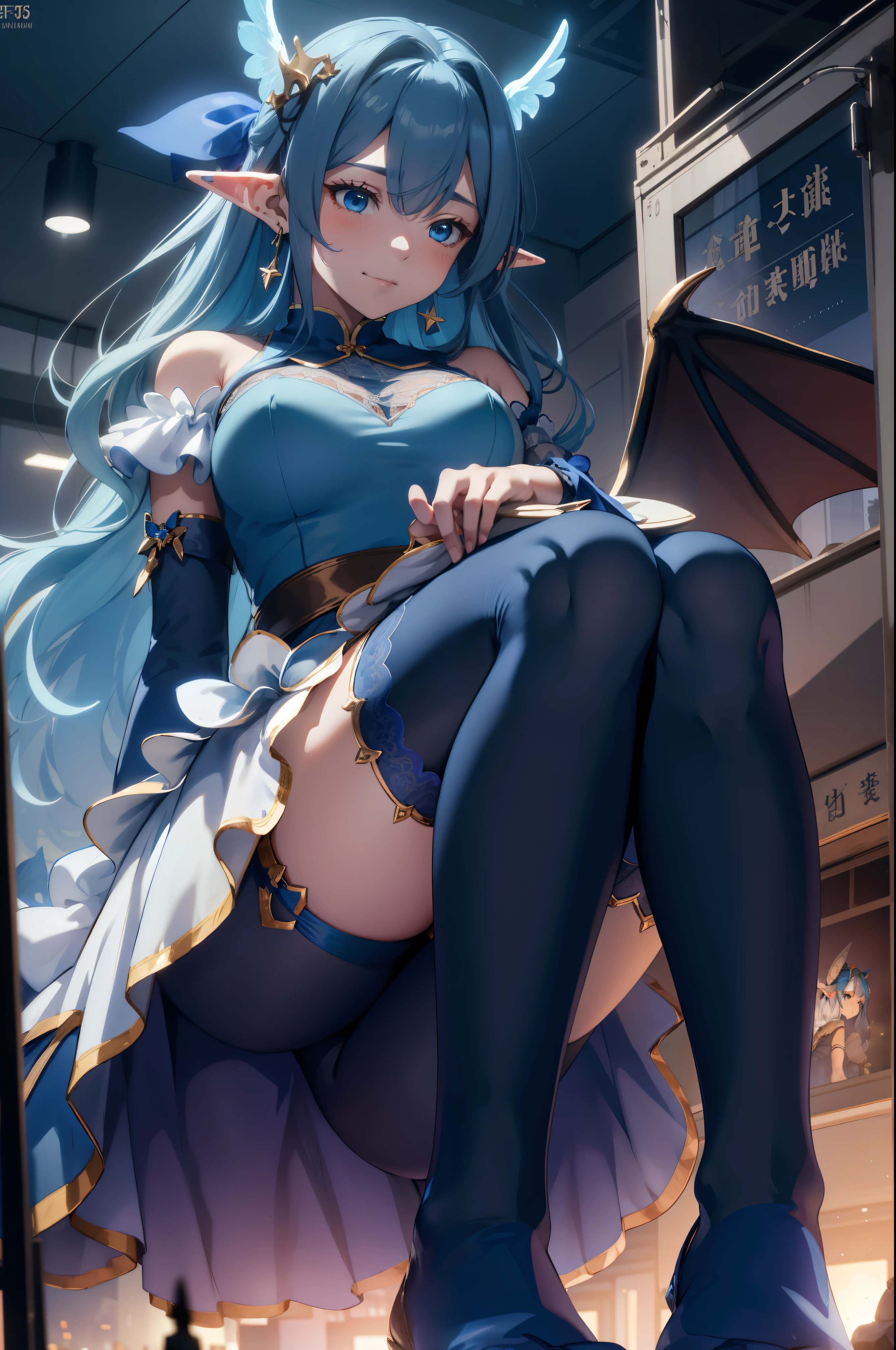 giant girl 50,000 feet high,Weight 1000kg,Has a pair of huge blue angel wings,With huge devil horns on his head,wear a crown on your head,Elf wearing blue earrings,She has long blue hair that reaches her feet,loose hair,Long curly blue hair,Wearing a pair of blue boots,blue lace gloves,Blue lace pantyhose,Bow and star embellished tights,蓝色蕾丝whole body,Sitting elegantly on a tall building,Beautiful appearance,Exquisite makeup,quality,8k,高quality,Perfect proportion, Cinema lighting,film grain,Fuji colors,8k,textured skin,Super details,high detail,high resolution,fake smile,blood stains,脚底有blood stains,whole body,fat,elf princess,feather,flowers
