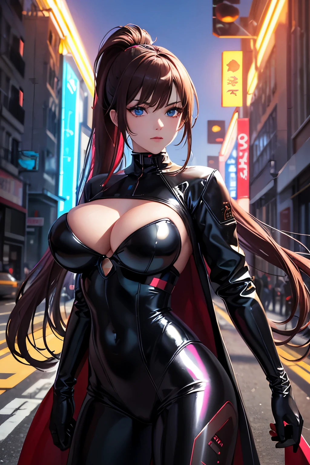 best quality, 32k, RAW photo, incredibly absurdres, extremely detailed, beautiful woman, mechanical blue eyes, glossy ponytail, amorous expression, lewd expression, wearing iridescent red rubber suit with golden embroidery, black leather long coat, cyberpunk, armed, huge breasts, slender, perfect proportion, beautiful glossy brown hair, background ruined dim buildings, scattered dust, rainbow colors neon line light, delicate, flashy and dynamic depiction, professional flare lighting
