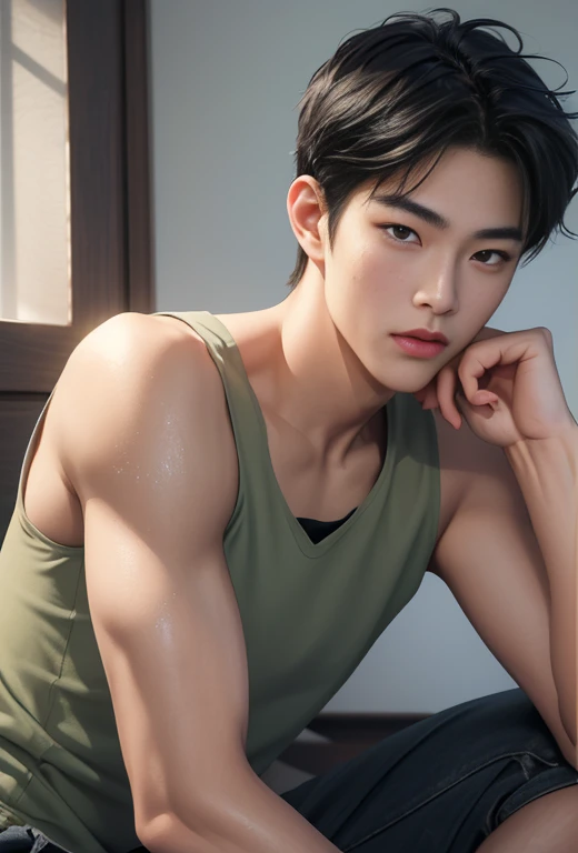 High quality, masterpiece, highly detailed, 8k, perfect face, perfect body, realistic, photogenic, man, Asian, young, black hair, short hair, handsome, detailed eyes, beautiful detailed nose, realistic body, realistic light, comfortable expressions, cute guy, sweat guy, cool guy, abs sixpack, model style, full body, clean skin, tank top