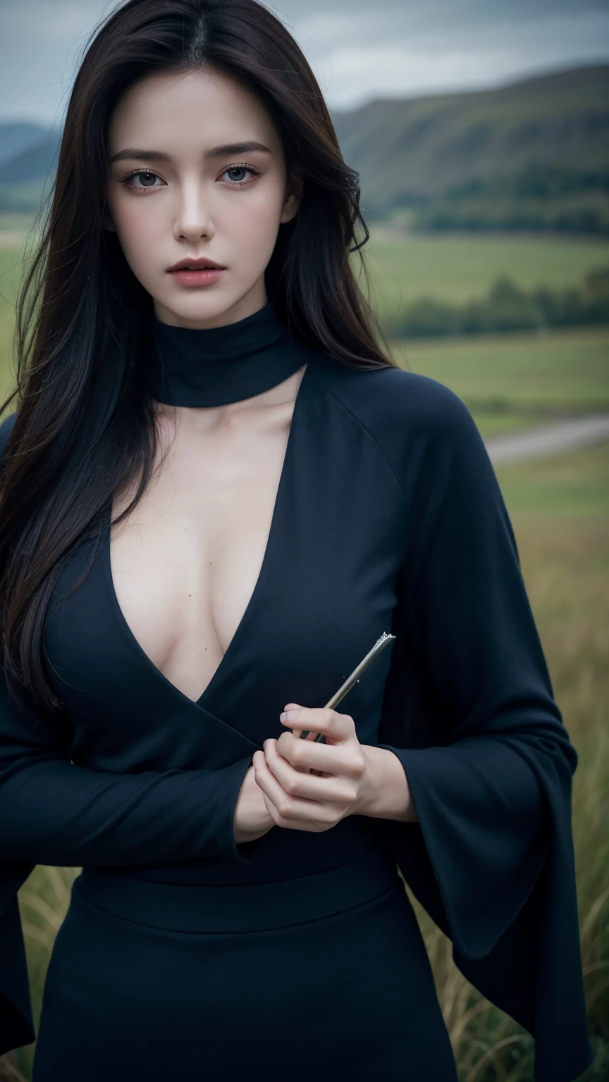  realistic skin, the woman in the field is dressed for the camera, in the style of daria endresen, kris knight, scottish landscapes, light navy and dark brown, georg jensen, intense close-ups, matte photo --ar 1:2 --stylize 750 --v 6