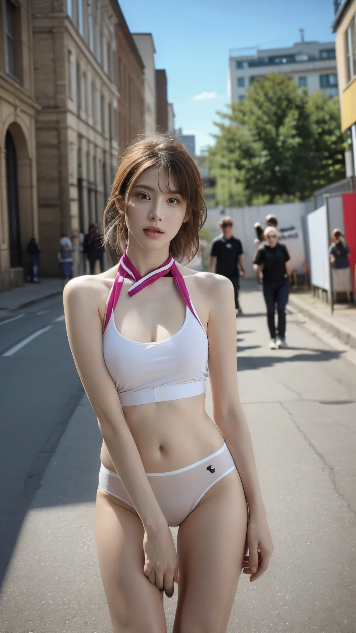 (Top quality),8K,(Masterpiece:1.3),(1 girl:1.3),(Medium breasts:1.3),Realistic,high resolution,Highly detailed face and skin texture,Realistic faces,Original photo,((Beautiful faces:1.5)),(Beautiful woman:1.4),Perfect body proportions,Whitens skin,Shiny skin,((Ultra-detailed face)),The attention to detail,Double eyelids,Eyeshadow strengthening,Eye of detail,Professional lighting,Cinematic lighting,Focus sharp,((Sporty style)),((Light, Brightly colored clothing)),Brightly colored T-shirt,Short skirt,((Lively,Active,vivaciousness)),((Panties)),((Exposing thighs)),(Erotic:1.3),On the street