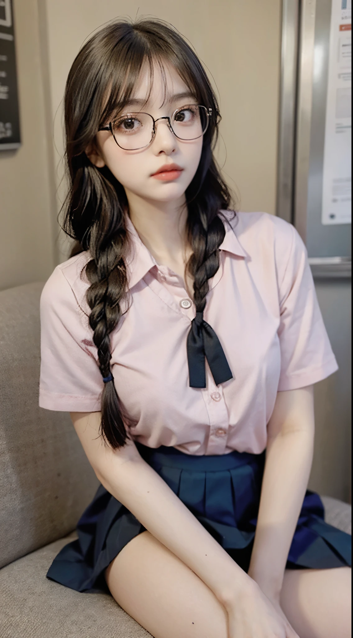 Top quality, one beautiful woman, 20 years old, 35mm lens, f/1, dark brown eyes, glasses, braids, black hair, pale skin, medium chest, slendar body, blush, breasts, collarbone, collared shirt, couch, day, eyebrows visible through hair, hair between eyes, long hair, looking at viewer, panties, pink panties, pleated skirt, ribbon, school uniform, shirt, short sleeves, sidelocks, sitting, skirt, solo, thighs, underwear, white shirt, in a train