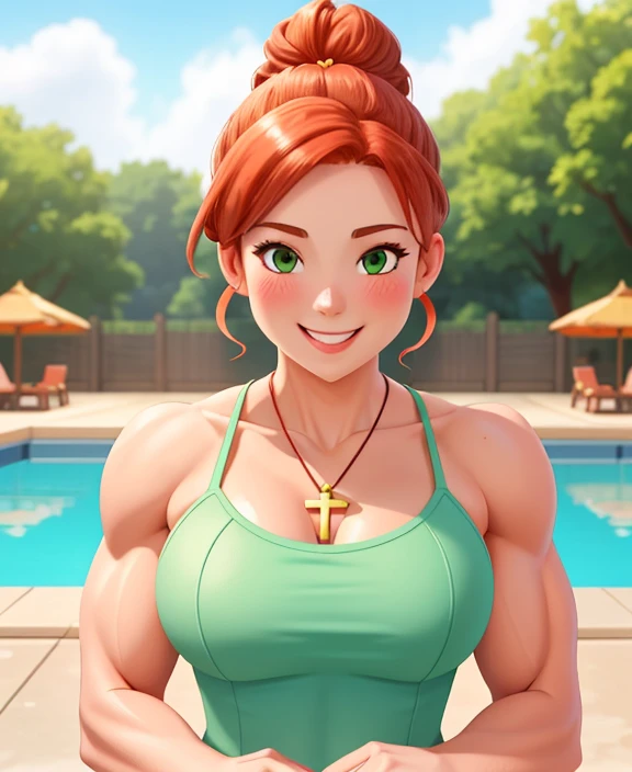 Chun Li, ripped muscle, muscular body, pale skin, smile(blush), nude, sixpack abs, [ultra detailed skin:1.2], 8k uhd, pussy, full body, crowd, public, poolside, standing,